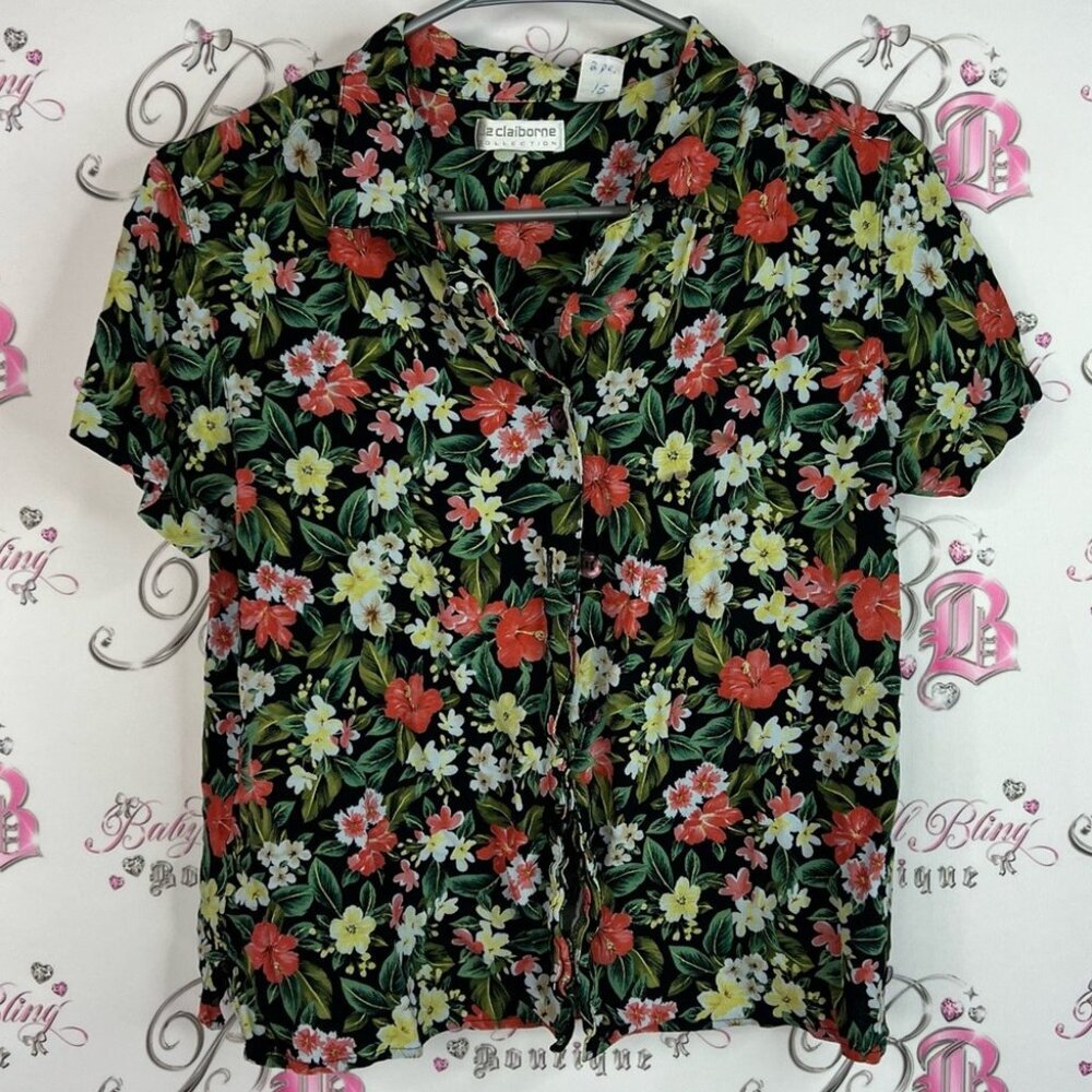 Liz Claiborne Button up Hawaiian 🌺 print flowers Black Floral Button-Down Shirt